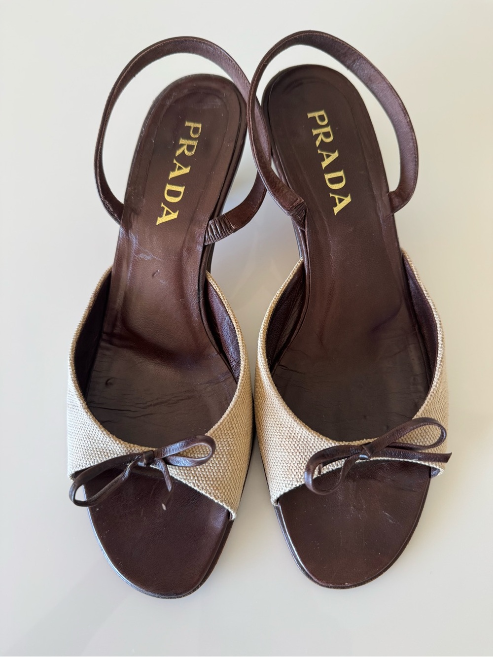 Prada Vintage Canvas Leather Bow Slingbacks Open Toe Kitten Heels EU 39 Shoes